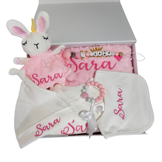Personalized Newborn Baby Gift Sets, Customized Essential Stuff for Newborn Girl, Custom Embroidered Baby Blanket Onesie Hat Beanie Pacifier Clip Security Blanket with Name