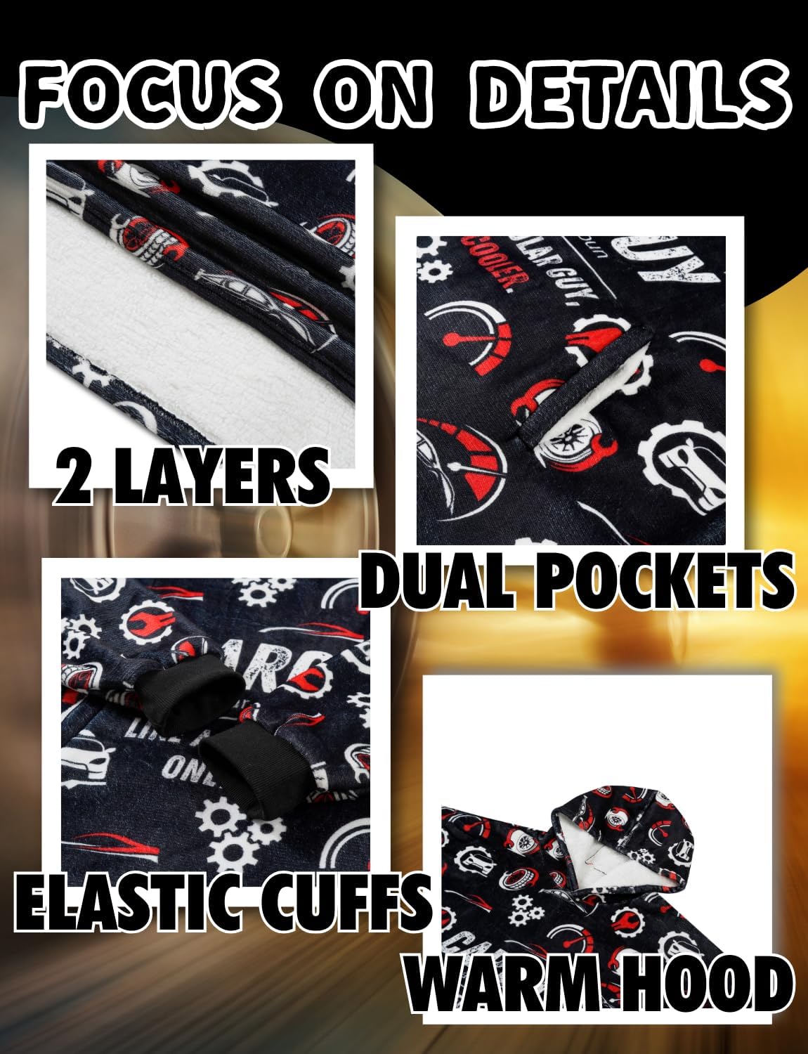 Huglanket Car Guy Gifts for Car Lovers, Wearable Blanket Hoodies for Adults for Birthday, Christmas, Oversized Flannel Hooded Blankets, One Size Fits All