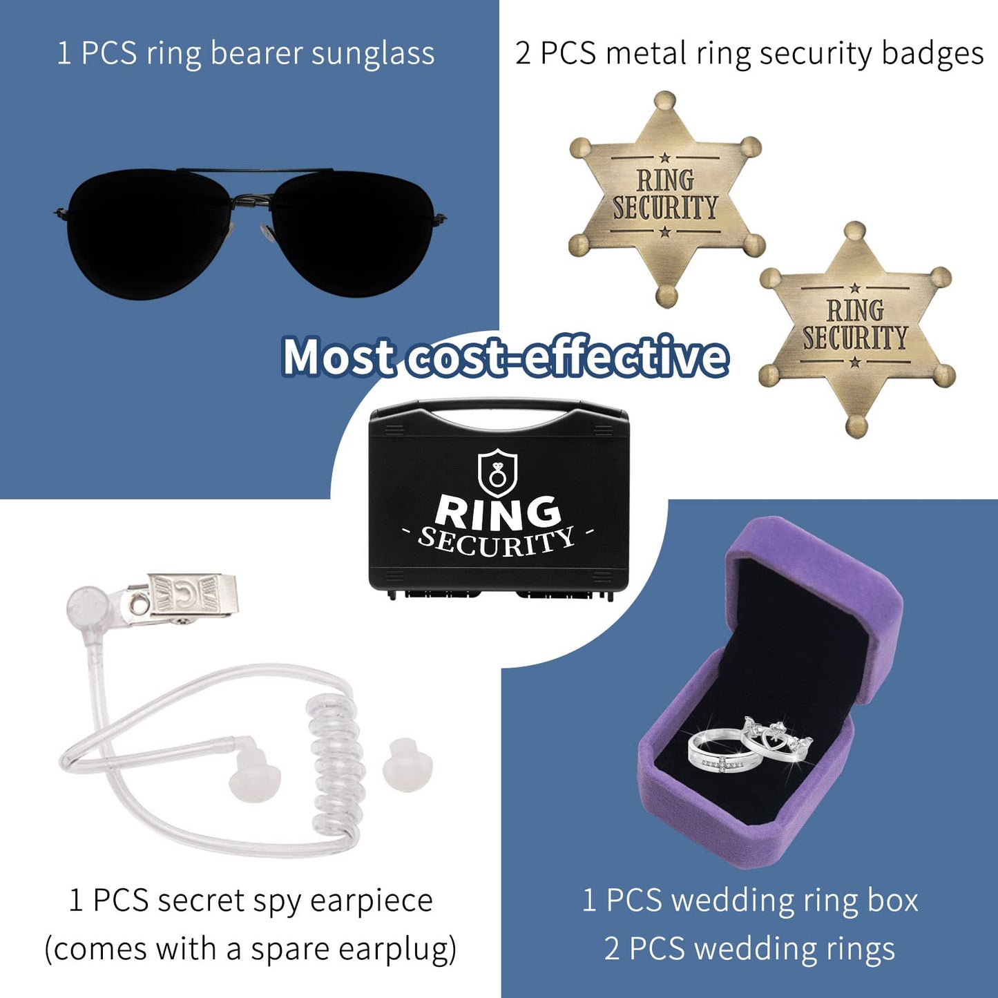 Ring Security Wedding Ring Bearer Gifts Box Set Include Ring Security Badges, Acoustic Earpiece Tube, Rings Bearer Sunglass, Wedding Rings Box with 2 Rings