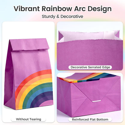 LovesTown 24 Pcs Rainbow Party Favor Bags with Stickers - 8.7"x4.7"x3.1" Colorful Goodie Treat Bags in 8 Vibrant Colors for Kids Birthday, Baby Shower, Wedding & Gift Packaging