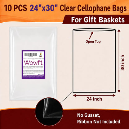 Wowfit Cello Bags,10 CT 24x30 inches Clear Cellophane Bags Perfect for Gift Baskets, Presents, Weddings, Bridal/Baby Showers and More (Flat, No Gusset, Ribbon Not included)
