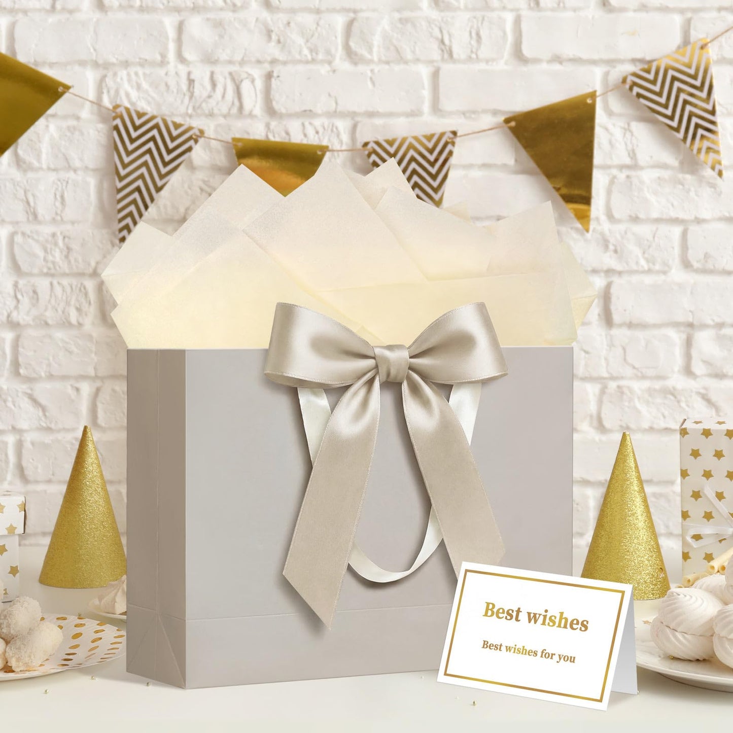 Laidans 13" Gift Bag with Handles and Bow Ribbon, Large Gift Bag with 3 Tissue Paper and 1 Card for Birthdays, Baby Showers, Wedding, Bridal Showers, Mother's Day (Champagne)