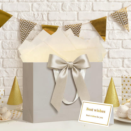Laidans 13" Gift Bag with Handles and Bow Ribbon, Large Gift Bag with 3 Tissue Paper and 1 Card for Birthdays, Baby Showers, Wedding, Bridal Showers, Mother's Day (Champagne)