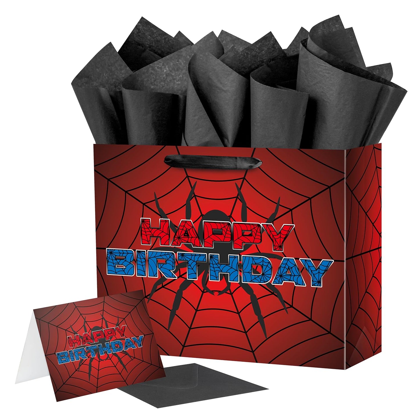 Ranfashiong 13" Red Large Spider Kids Birthday Gift Bag with Tissue Paper and Card, Spider Webs Design Wrapping for Boys, Girls Halloween Party Decor