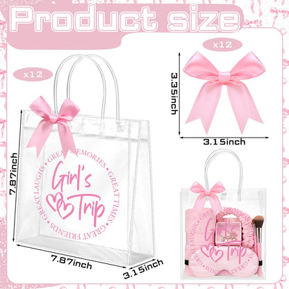 Vicenpal 12 Sets Clear Girls Trip Gift Bags with Handles 12 Pcs Pink Bows PVC Plastic Spa Party Treat Goodie Snack Bags for Birthday Slumber Bachelorette Weekend Party Favors, 7.9 x 7.9 x 3.1''