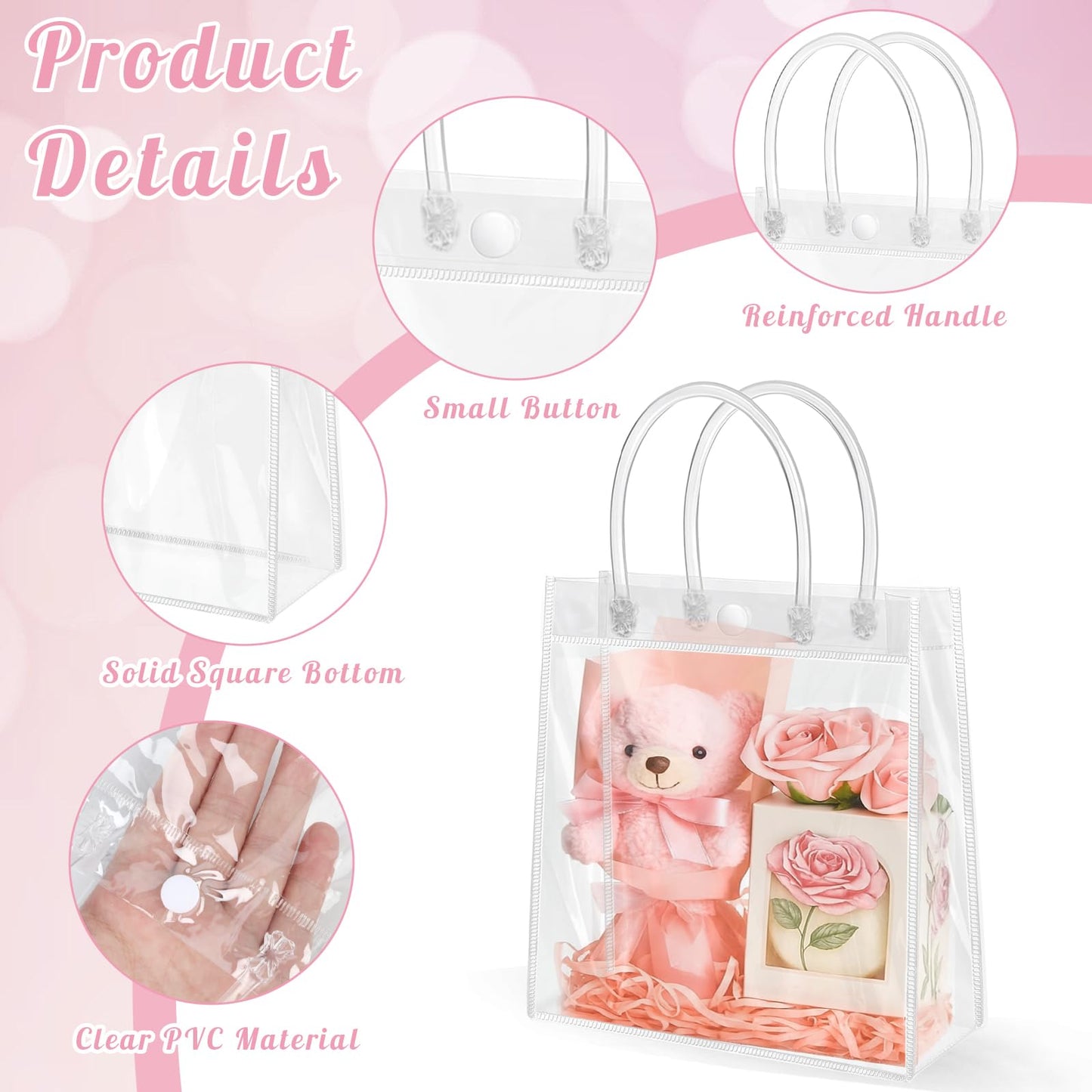 Okxiri 15 PCS Clear PVC Gift Bags with Handles,Small Reusable Plastic Party Favor Bags, Transparent Goodie Bags for Wedding,Baby Shower, Birthday (6.1" x 6.1" x 2.7")