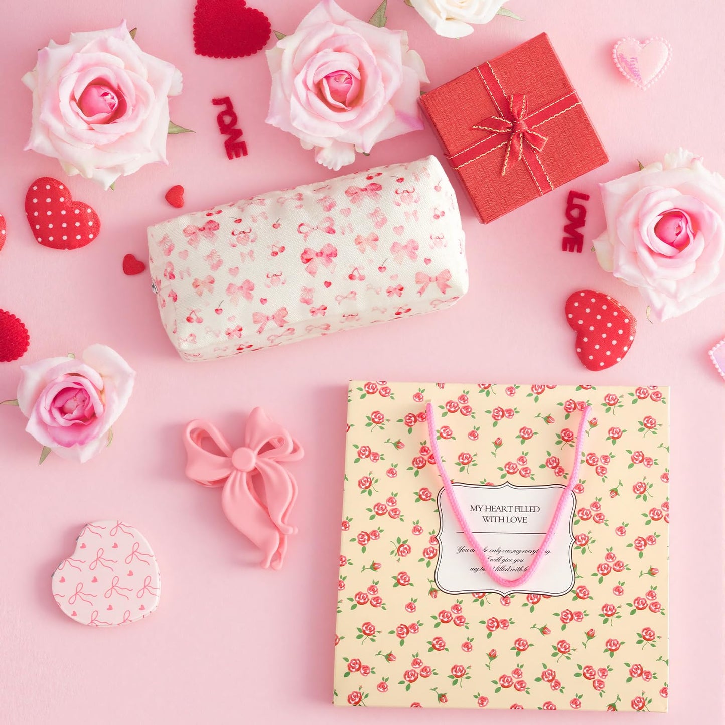 Suncalla 24 Pcs Galentine's Day Gifts Bulk Pink Bow Bags Gifts Set for Women Coquette Basket Hair Clips Mirror Bowknot Canvas Cosmetic Bag for Mothers Friend Bridal Shower Birthday
