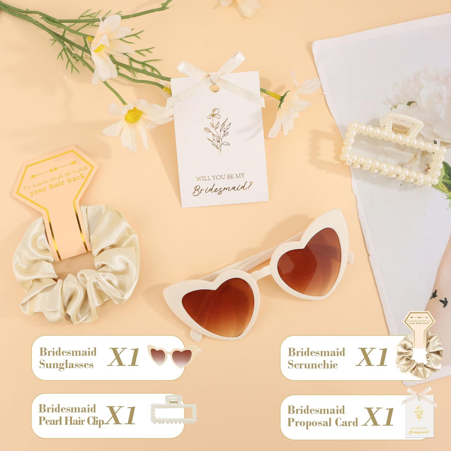 Bridesmaid Proposal Gift Set, 4PCS Satin Scrunchie, Pearl Hair Clip, Heart Shaped Sunglasses & Will You Be My Bridesmaid Card, Bridesmaids Gifts for Wedding Day and Bridal Shower (Champagne Gold)