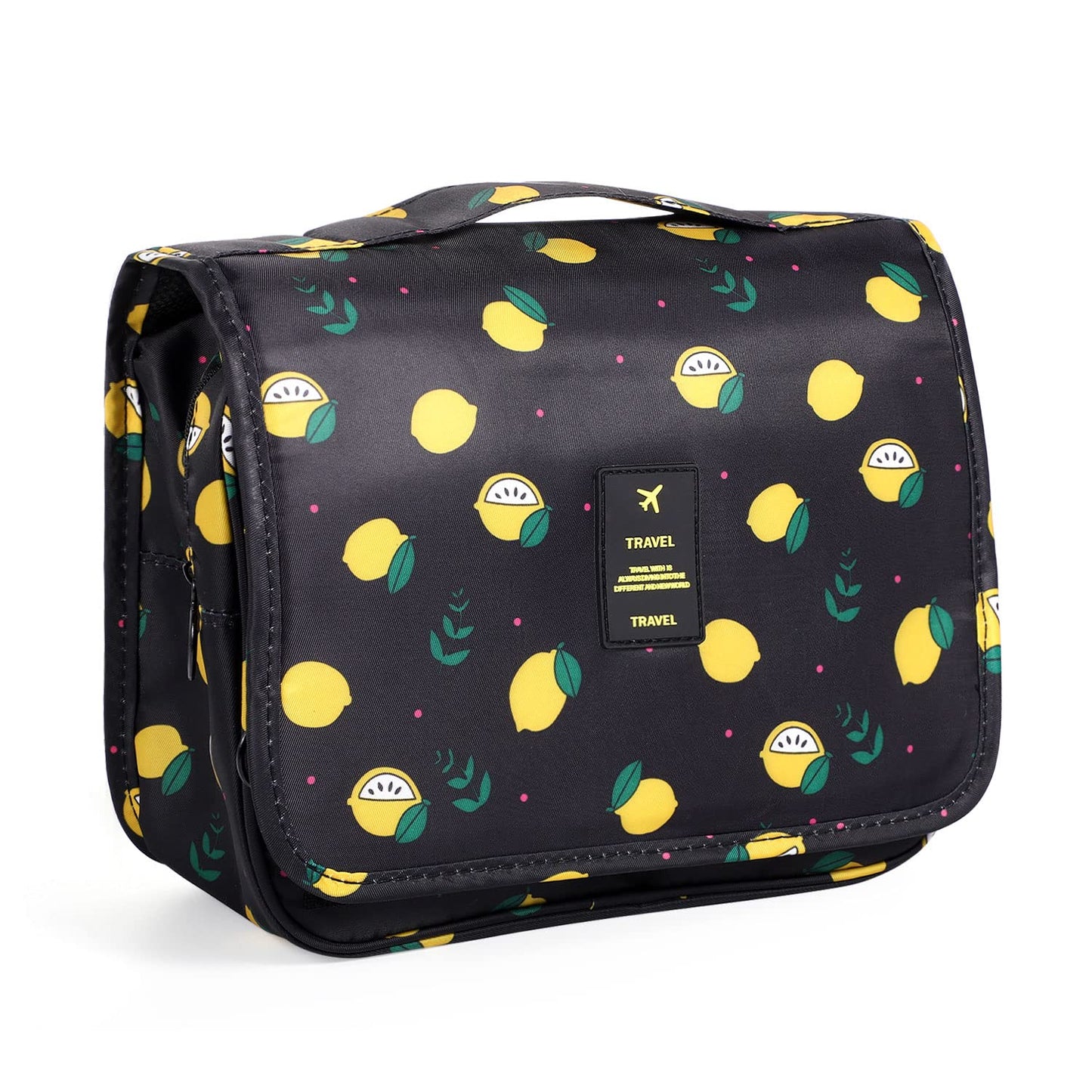 Pengxiaomei Hanging Toiletry Bag, Black Waterproof Cosmetic Bag Portable Lemon Makeup Pouch Travel Wash Bag with Handle for Kids Teen Girls Birthday Mothers Day Gifts