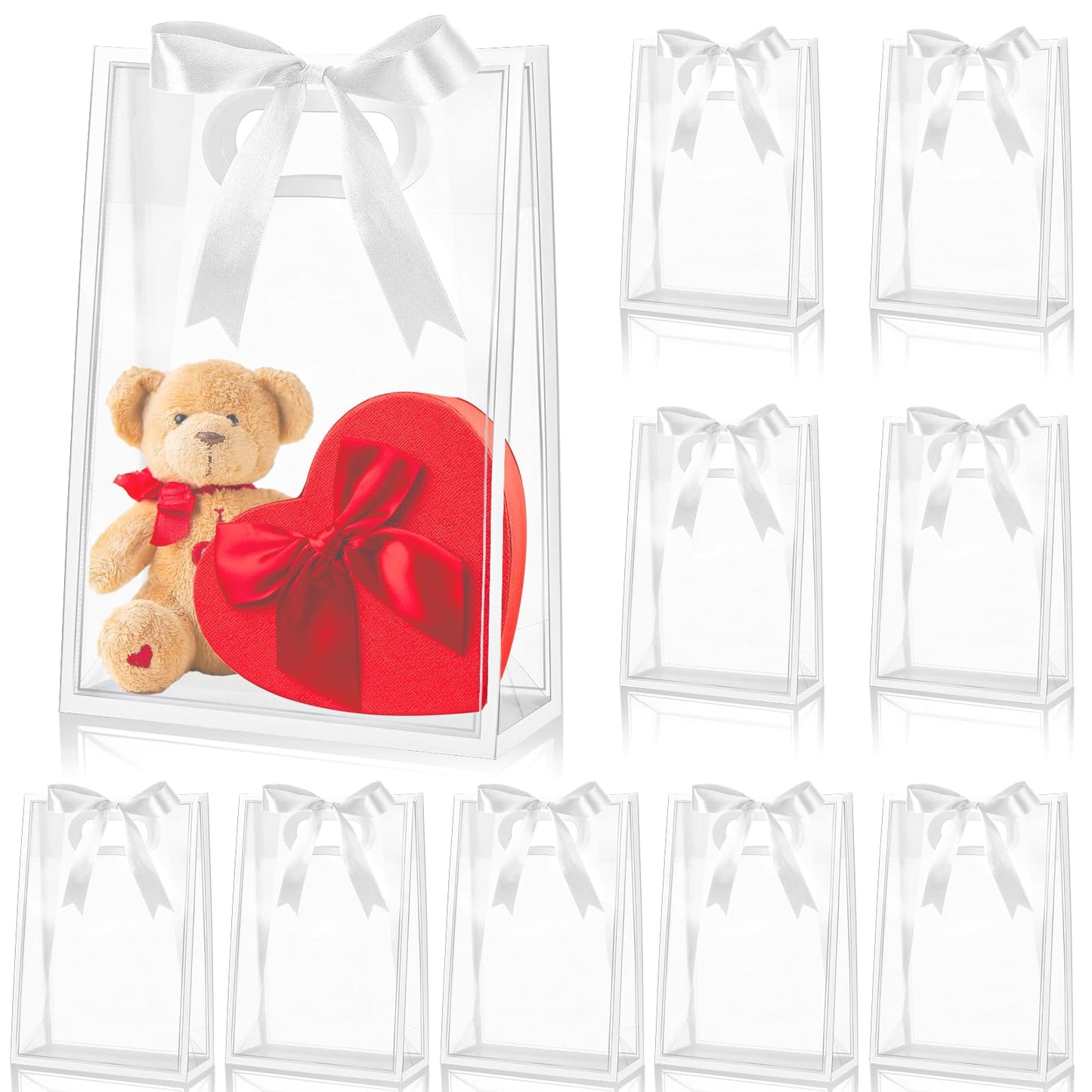 Aliceset Clear Plastic Gift Bag with Die Cut Handle Reusable PP Favor Bag with Ribbon for Graduation Wedding Bridal Birthday Baby Shower Party Small Business,10x7x3.15in(White,12 Pcs)