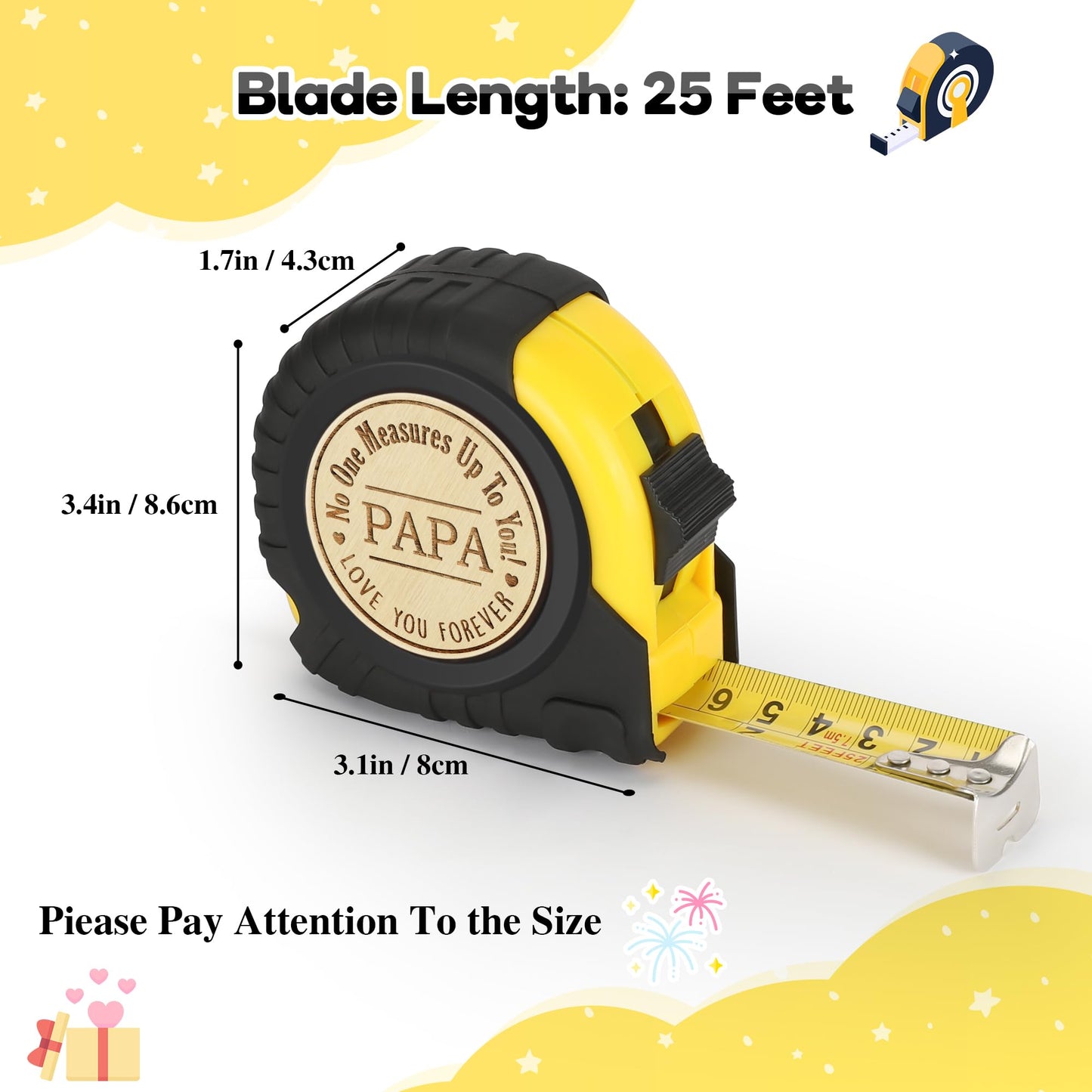 Papa Gifts for Grandpa, Papa Fathers Day Gift Ideas, Best Papa Gifts from Grandchild, Christmas Birthday Gifts for papa, Tool Gifts Carpenter Gifts for Grandpa, Engraved Tape Measure 25FT