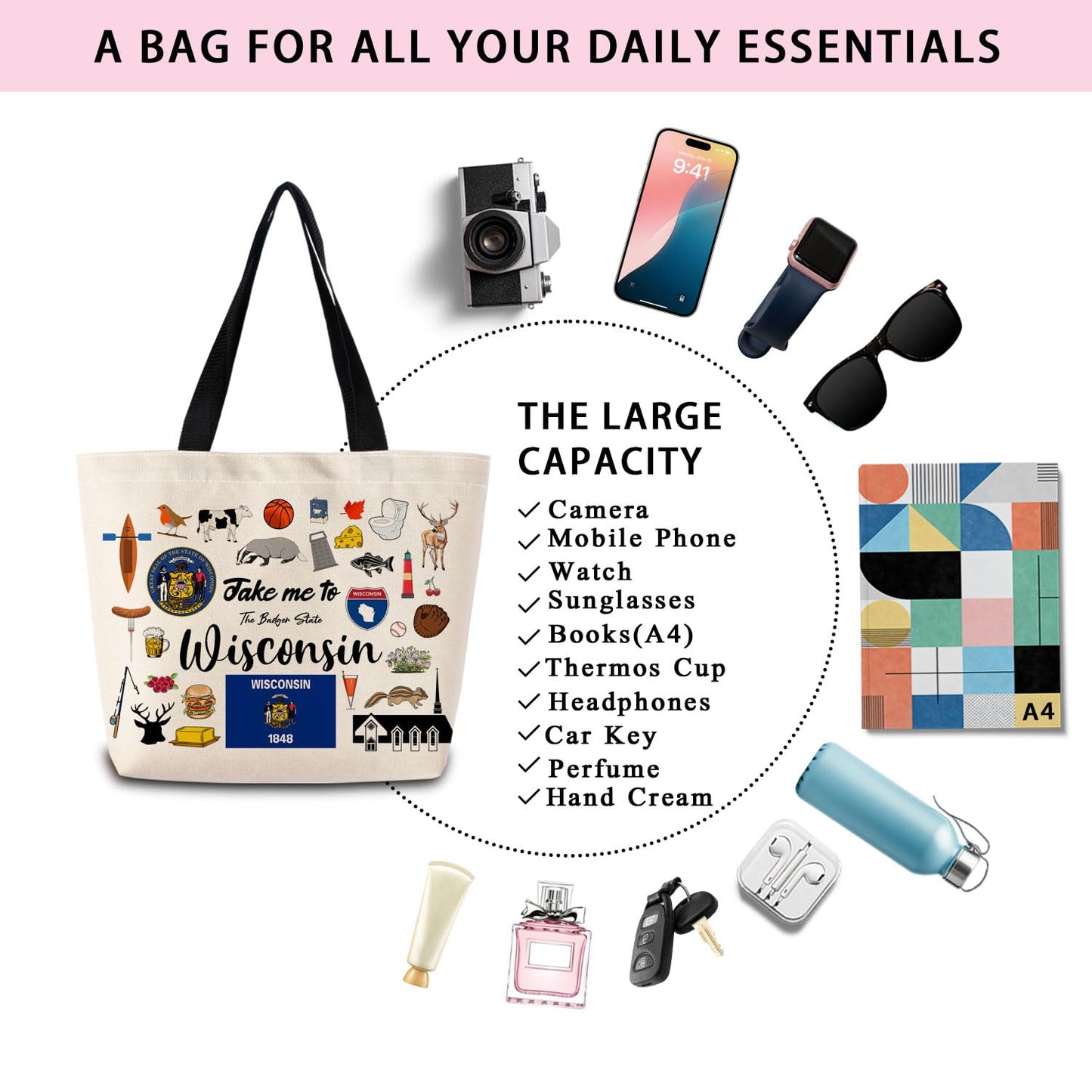 Take Me To Wisconsin Tote Bag Reusable Grocery Bags Aesthetic Shopping Shoulder Handbag with Interior Pocket Lightweight & Washable Stylish Wisconsin Travel Present for Women