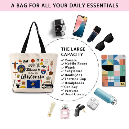 Take Me To Wisconsin Tote Bag Reusable Grocery Bags Aesthetic Shopping Shoulder Handbag with Interior Pocket Lightweight & Washable Stylish Wisconsin Travel Present for Women