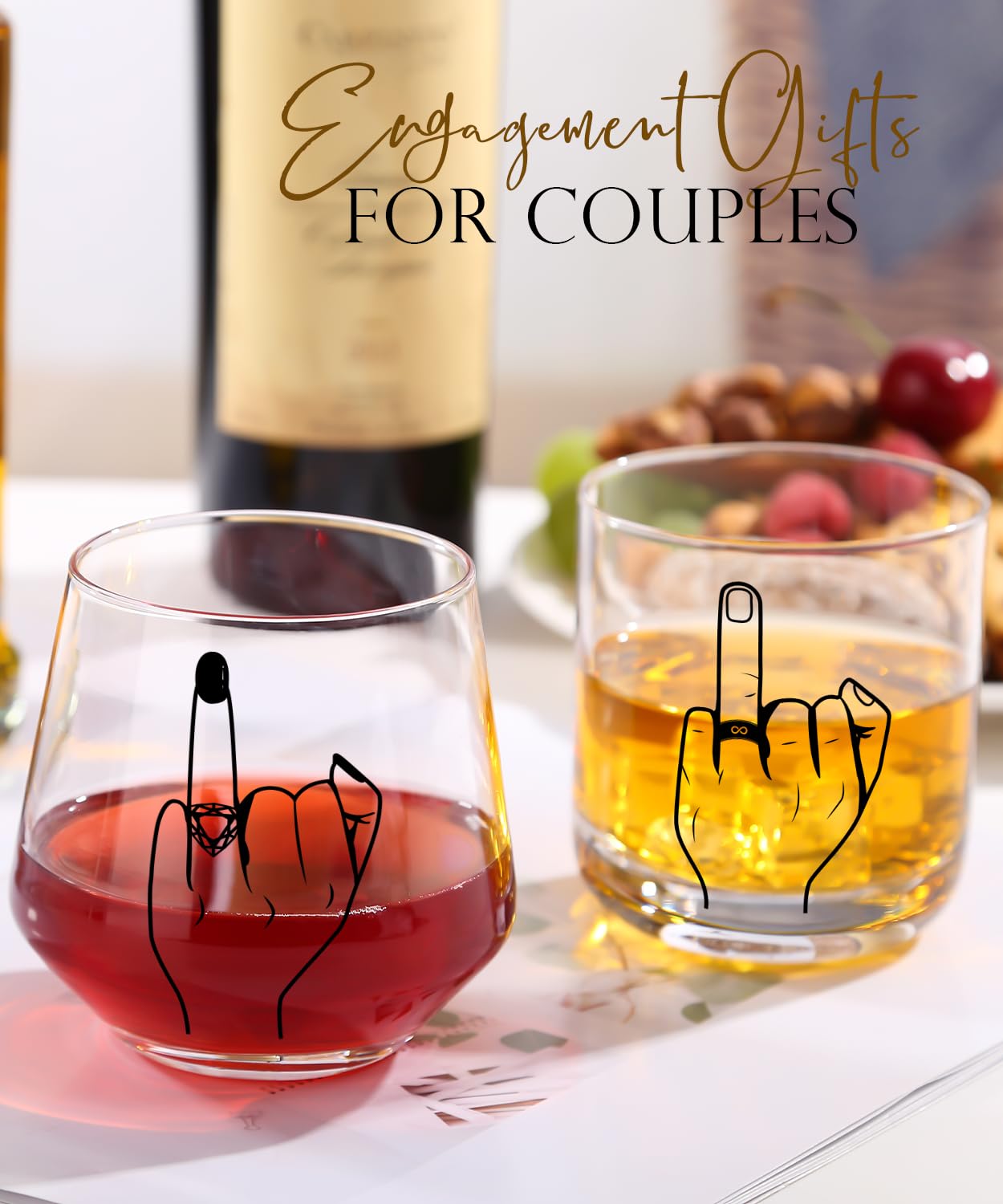 comfit Engagement Gifts for Couple, Ring Finger Wine&Whiskey Glass Set,Bride and Groom Just Married Gift, Mr and Mrs Newlyweds Bridal Shower,Valentine's Day Gift,Wedding Gifts for Couples 2026