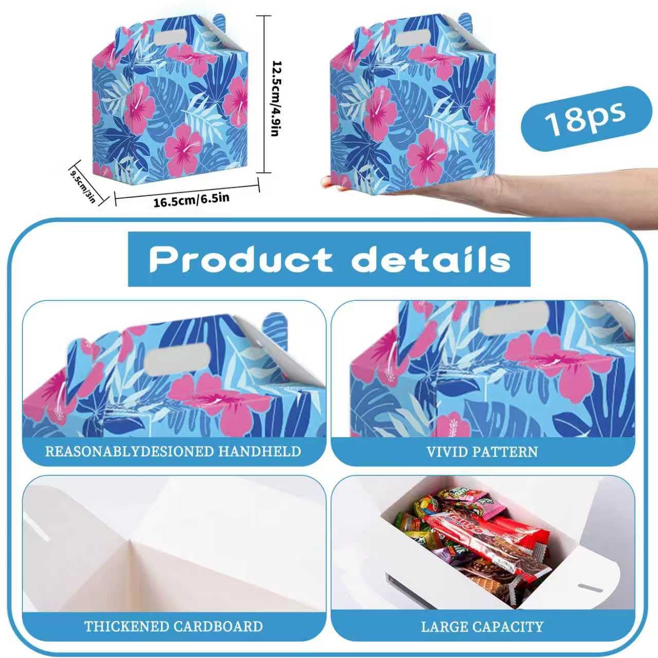 18 Pcs Cute Cartoon Pink Blue Hawaii Party Favor Boxes - Print Flower Patterns Gift Paper Boxes, Cartoon Themed for Hawaiian Bench Themed Decorations for Birthday Presents Decorations Supplies (18Pcs-boxes)