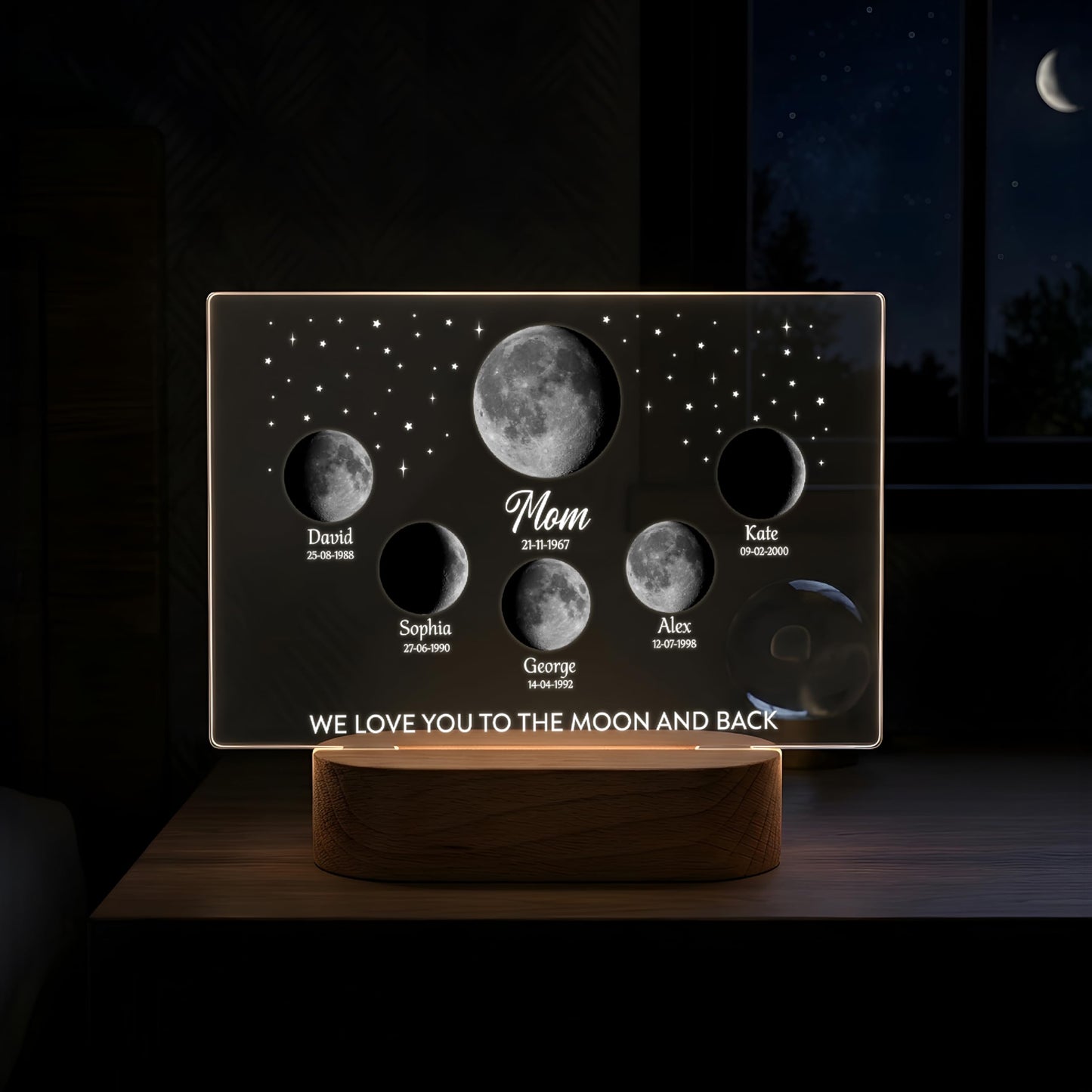 Personalized Moon Phase Night Light for Mom – Custom Birth Moon Lamp with Names & Dates, Real Lunar Phase from Birthday, LED Acrylic Photo Frame Gift for Mother’s Day