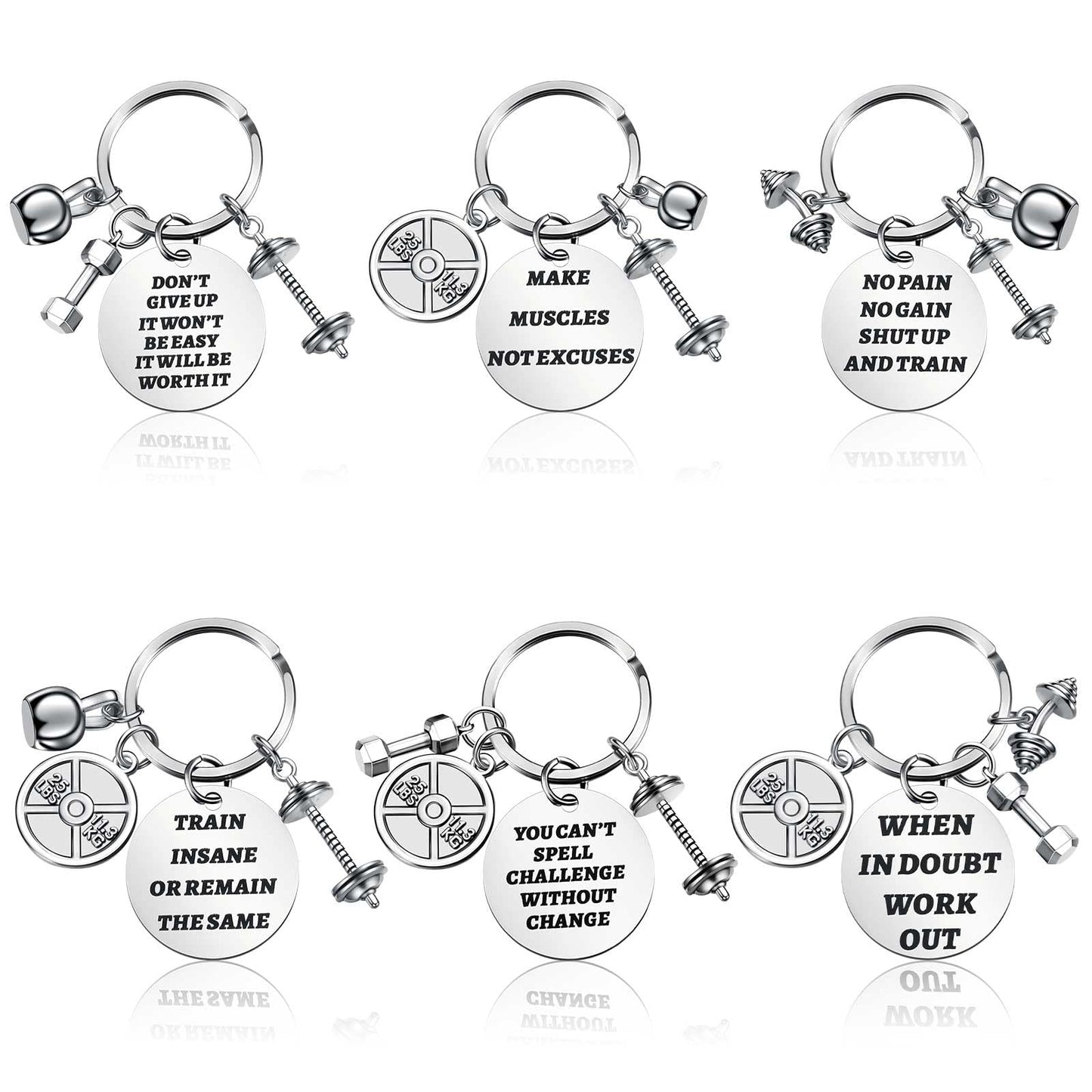 Yinkin 6 Pcs Fitness Gym Charm Keychains Stainless Steel Fitness Gifts with Quote Dumbbell Personal Trainer Workout Gifts for Women