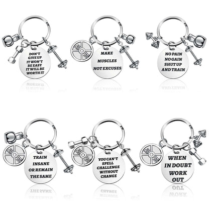 Yinkin 6 Pcs Fitness Gym Charm Keychains Stainless Steel Fitness Gifts with Quote Dumbbell Personal Trainer Workout Gifts for Women