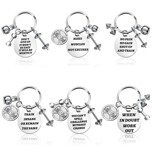 Yinkin 6 Pcs Fitness Gym Charm Keychains Stainless Steel Fitness Gifts with Quote Dumbbell Personal Trainer Workout Gifts for Women