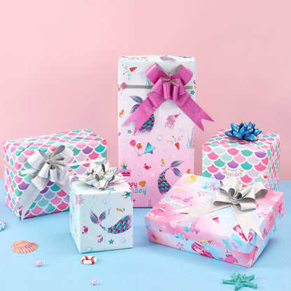 WERNNSAI Mermaid Wrapping Paper - 3 Rolls 17” x 120” Girls Birthday Wrapping Paper Rolls Mermaid Gift Wrap Paper Kids Pink Baby Shower Ocean Theme Party Gift Packing Supply with Cutting Lines