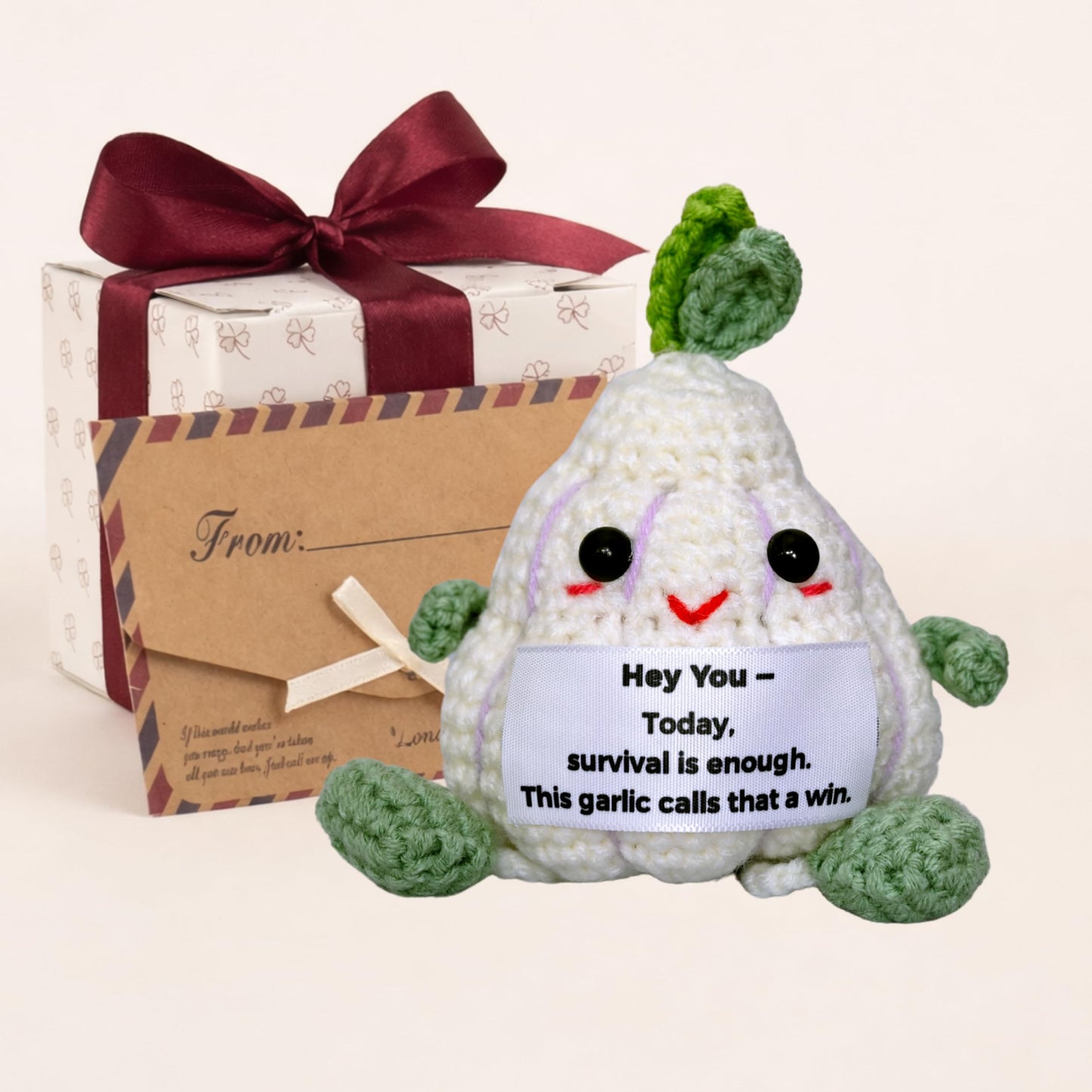 Handmade Crochet Decorative Gift with Meaningful Quote – Garlic Friends Design – Cute Design Collection for Men and Women, Romantic Gift for Valentine's Day, Birthday, and Christmas
