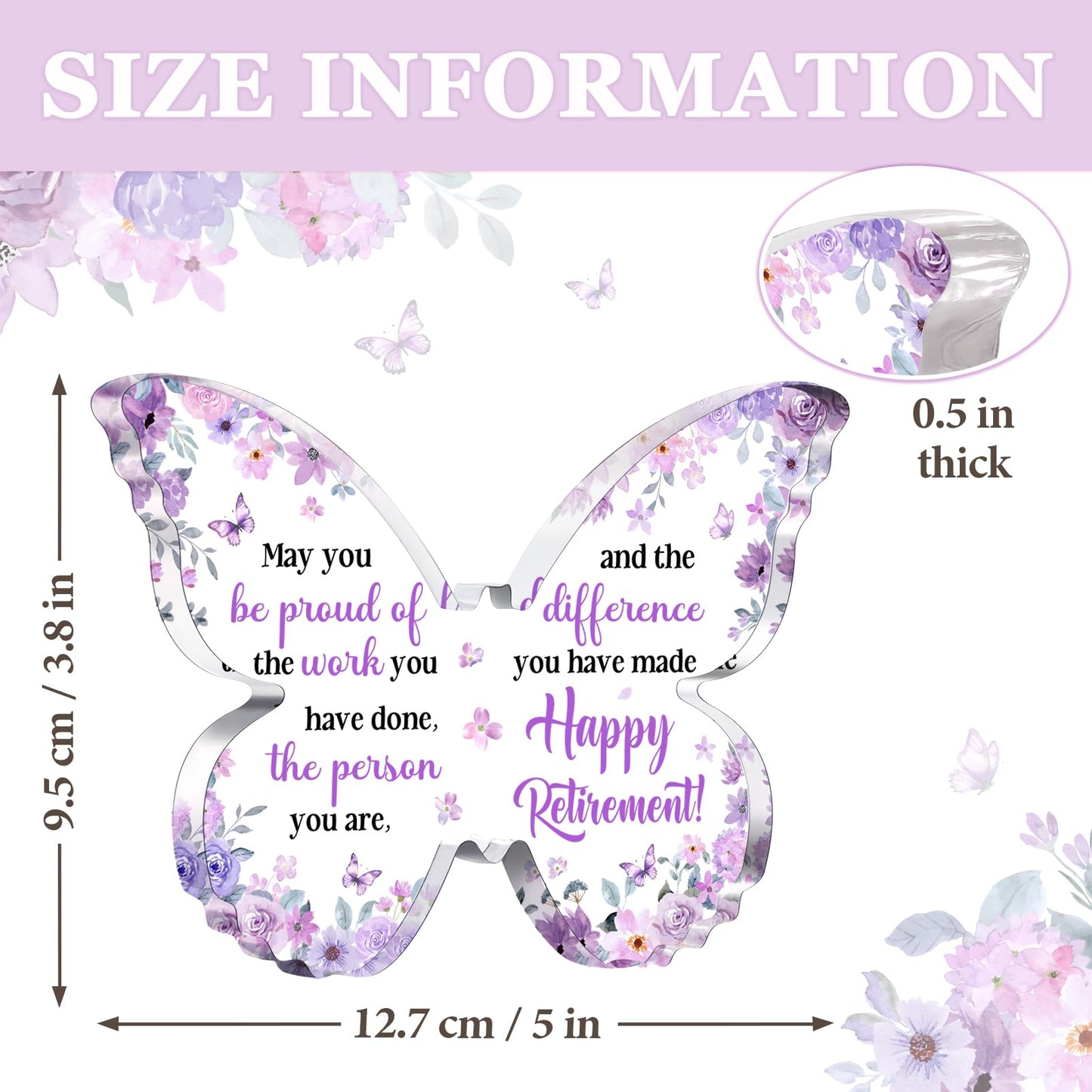 Unique Retirement Gift for Woman Men 2026, 5x3.8x0.5 Inch Purple Butterfly Acrylic Plaque Decor with Warm Words, Best Retirement Gifts for Coworker Teacher Friend Nurse Boss