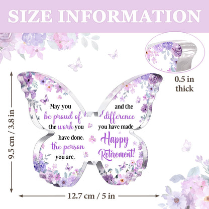 Unique Retirement Gift for Woman Men 2026, 5x3.8x0.5 Inch Purple Butterfly Acrylic Plaque Decor with Warm Words, Best Retirement Gifts for Coworker Teacher Friend Nurse Boss