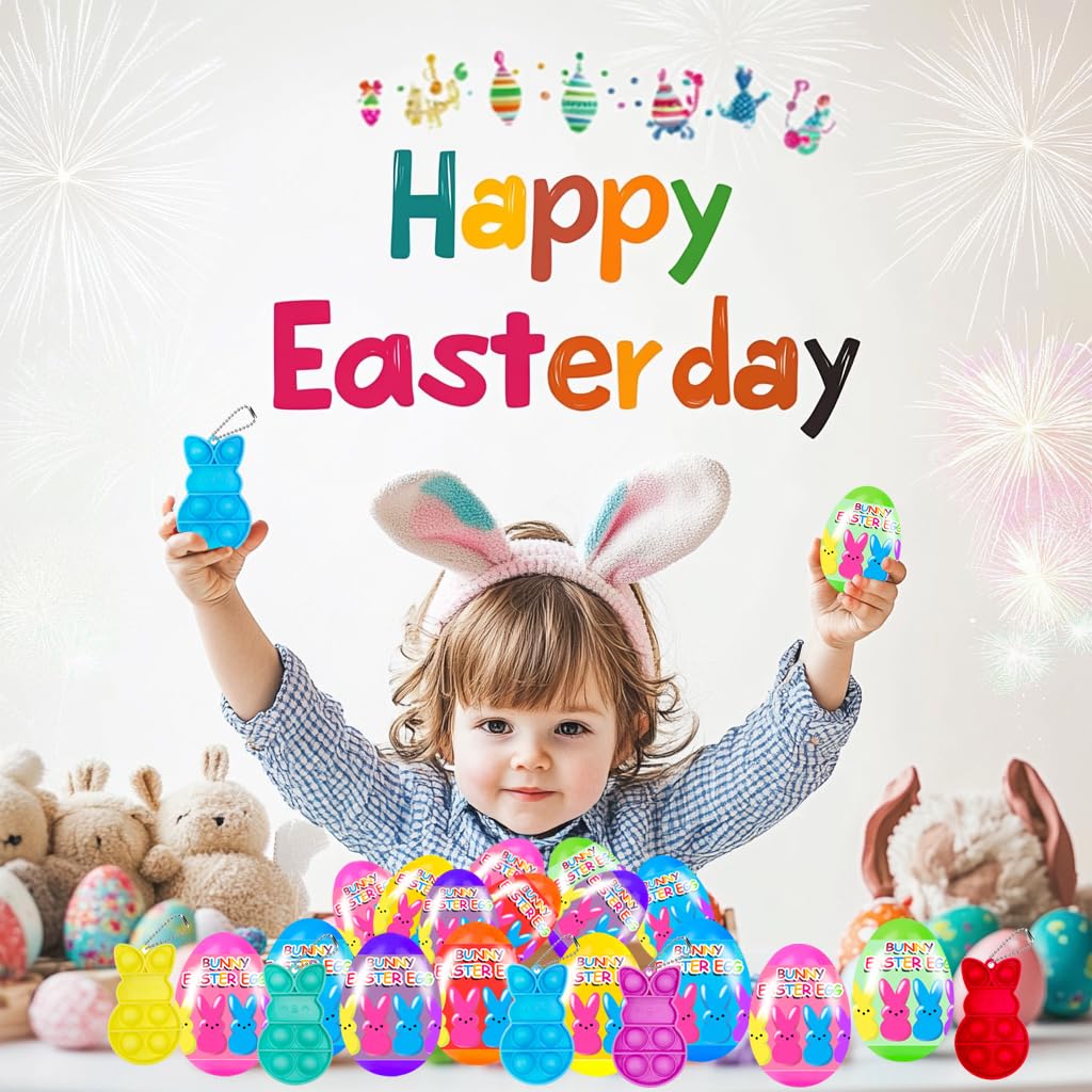 24 PCS Prefilled Easter Eggs with Bunny Pop Bubble Fidget Keychains Toy Inside for Kids Boys Girls Easter Basket Stuffers Party Favors Easter Egg Fillers Hunt
