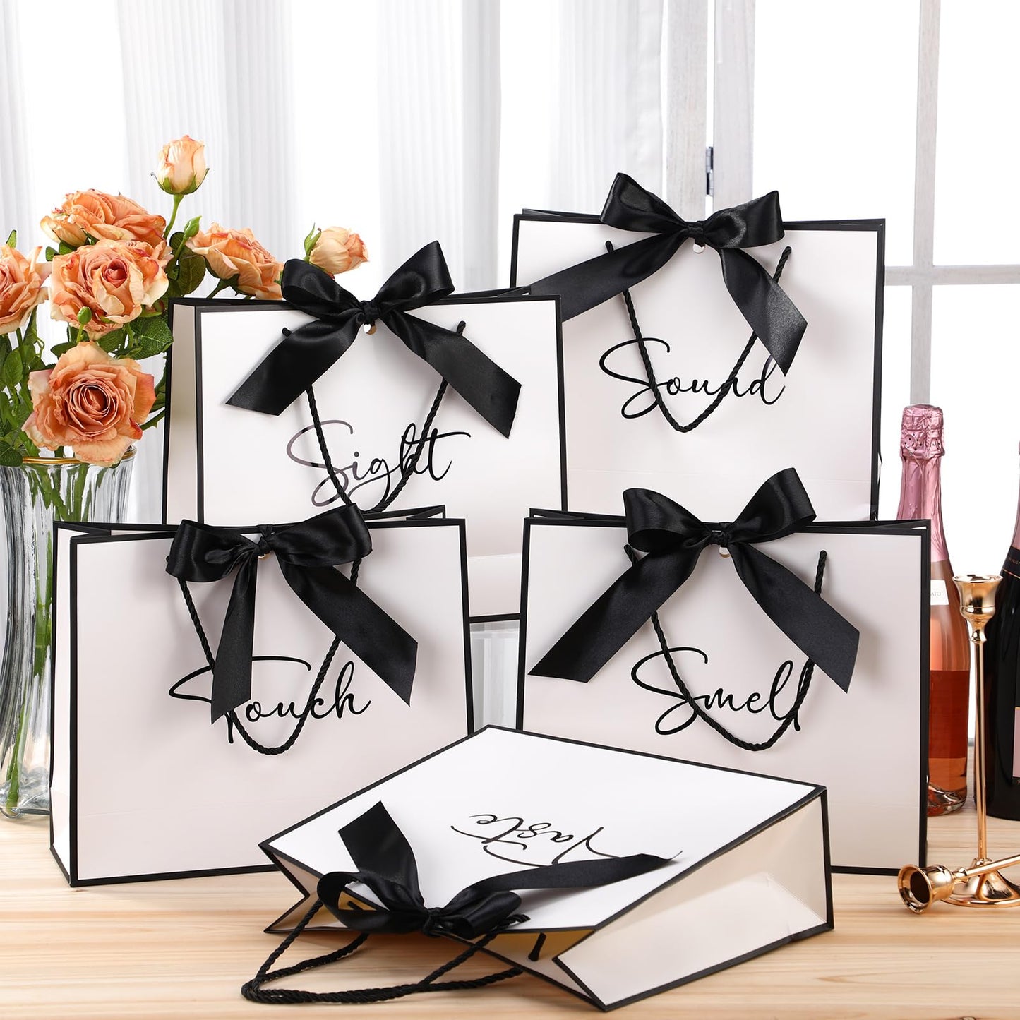 Sweetude 5 Pcs Senses Gift Bags for Him and Her 11.8 x 9.8x 3.9'' Elegant Thank You Paper Gift Bags with Handles and Bow Ribbon for Wedding Bridesmaid Groomsmen Gifts Birthday Baby Shower(White)