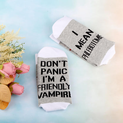 G2TUP Phlebotomist Socks Phlebotomy Technician Gift Don't Panic I'm a Friendly Vampire I Mean Phlebotomist Socks
