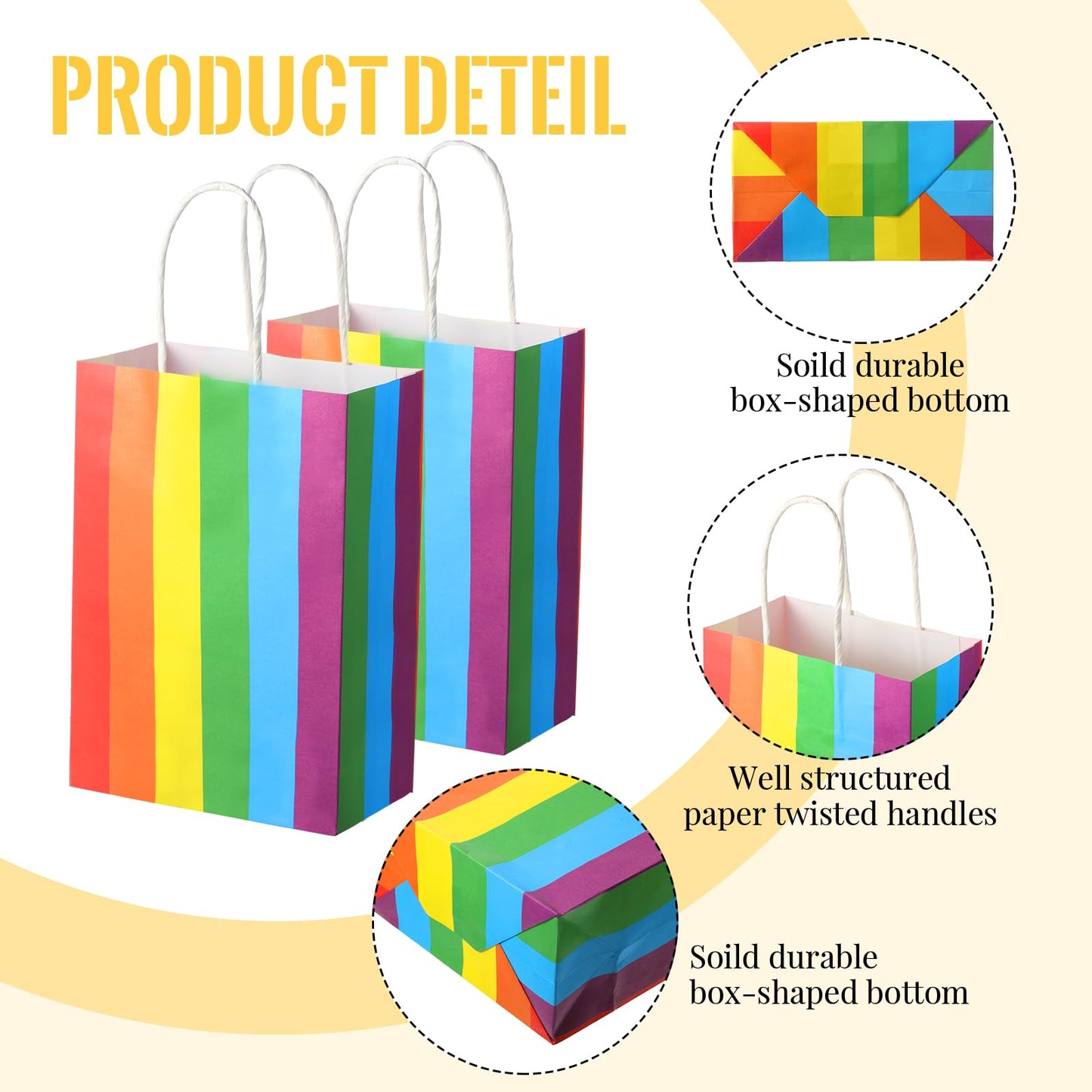 TaoBary 36 Pcs Rainbow Party Treat Bags Rainbow Gift Bags Colorful Stripes Kraft Paper with Handles and Colorful Tissue Paper for Gay Parade Festival Party Supplies