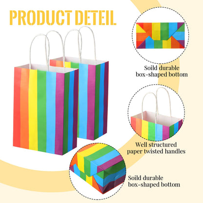 TaoBary 36 Pcs Rainbow Party Treat Bags Rainbow Gift Bags Colorful Stripes Kraft Paper with Handles and Colorful Tissue Paper for Gay Parade Festival Party Supplies