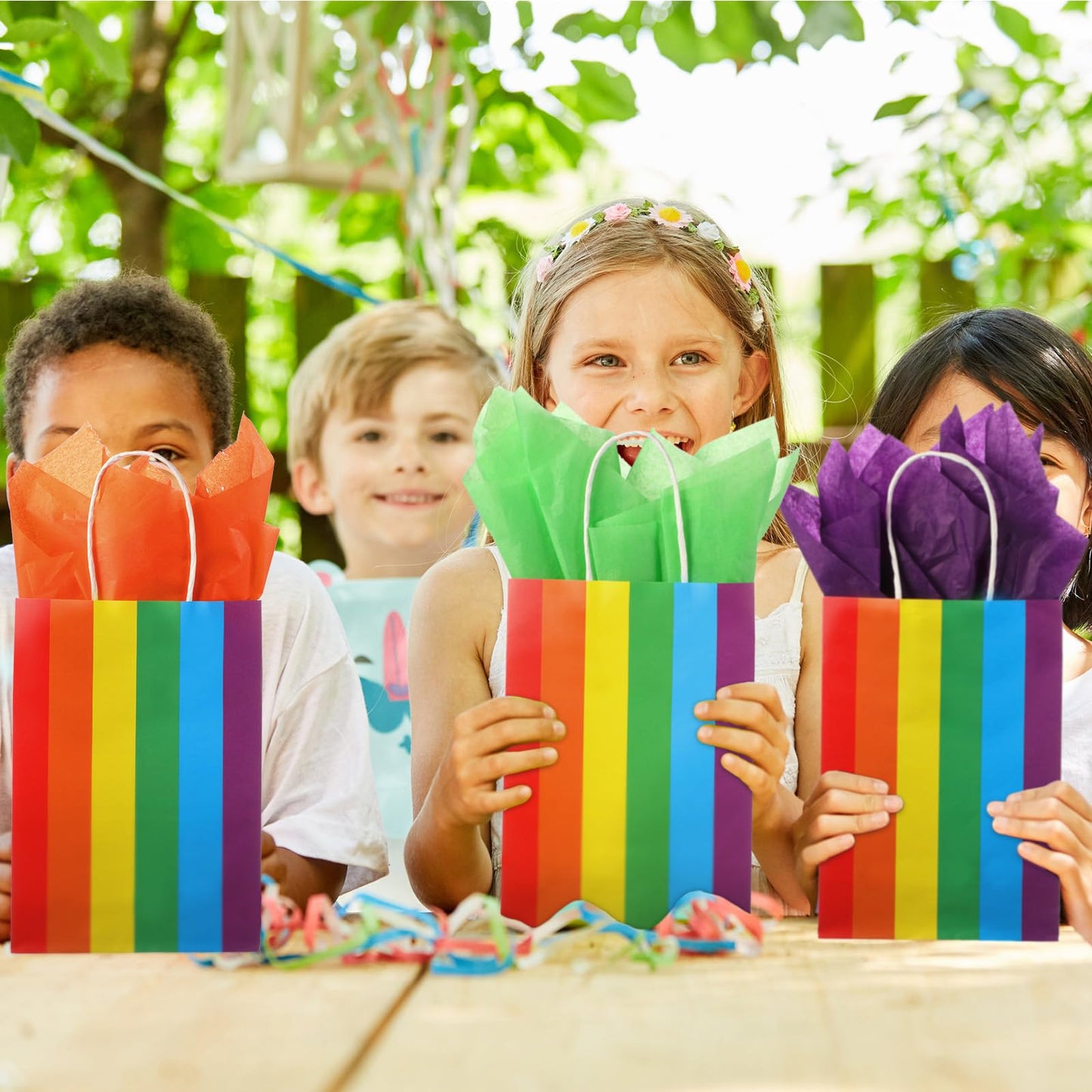 TaoBary 36 Pcs Rainbow Party Treat Bags Rainbow Gift Bags Colorful Stripes Kraft Paper with Handles and Colorful Tissue Paper for Gay Parade Festival Party Supplies
