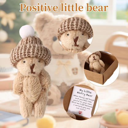 Mini Worry Bear in Box with Hat, Positive Mini Plush Bear with Encouragement Card Inspirational Stress Relief Toy for Family Friends Coworkers Gift