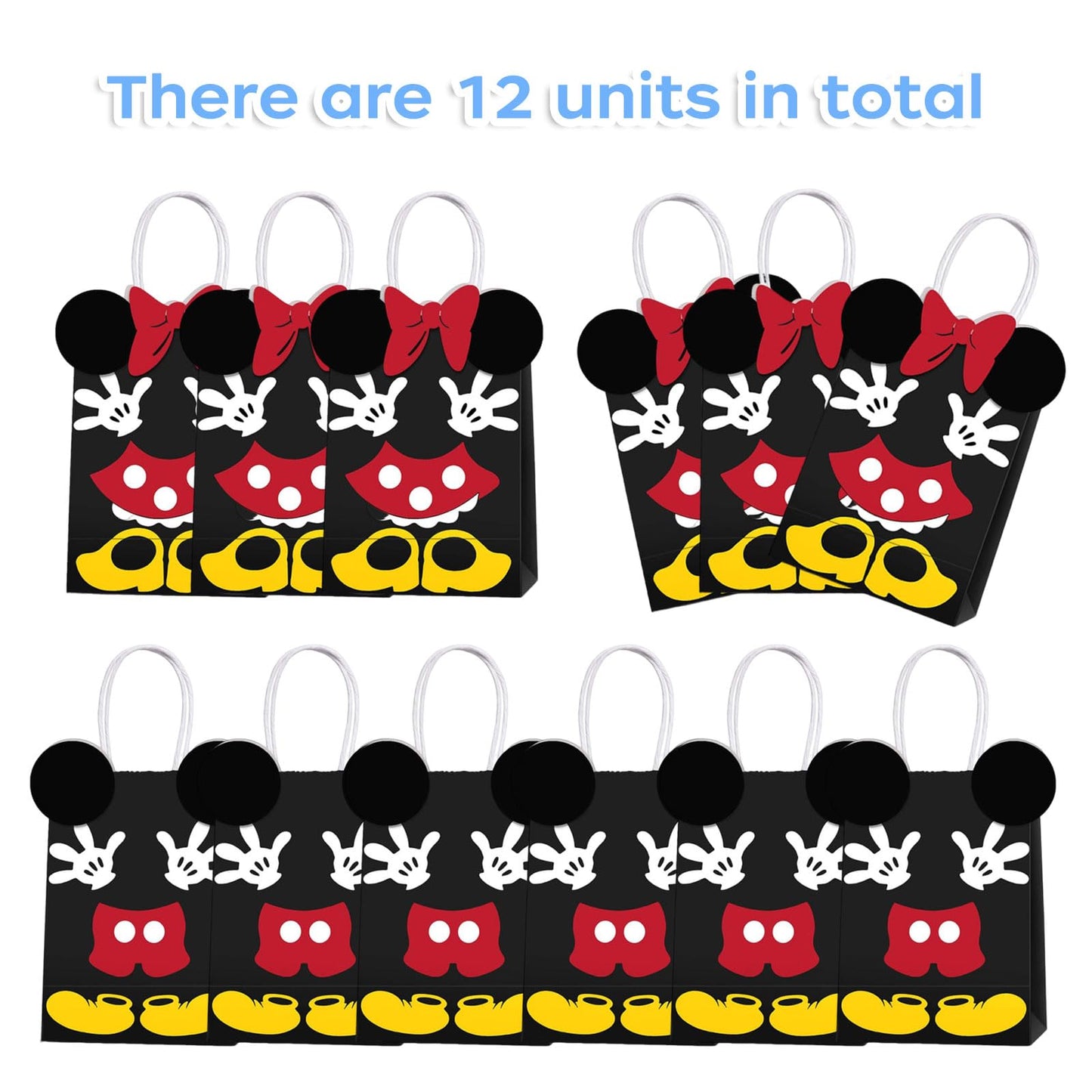 JAMNSY 12 Pcs Mouse Party Favor Bags, Cute Bow Paper Gift Bags with Handles, Cartoon Themed Candy Bags for Birthday Party Decorations & Treat Storage