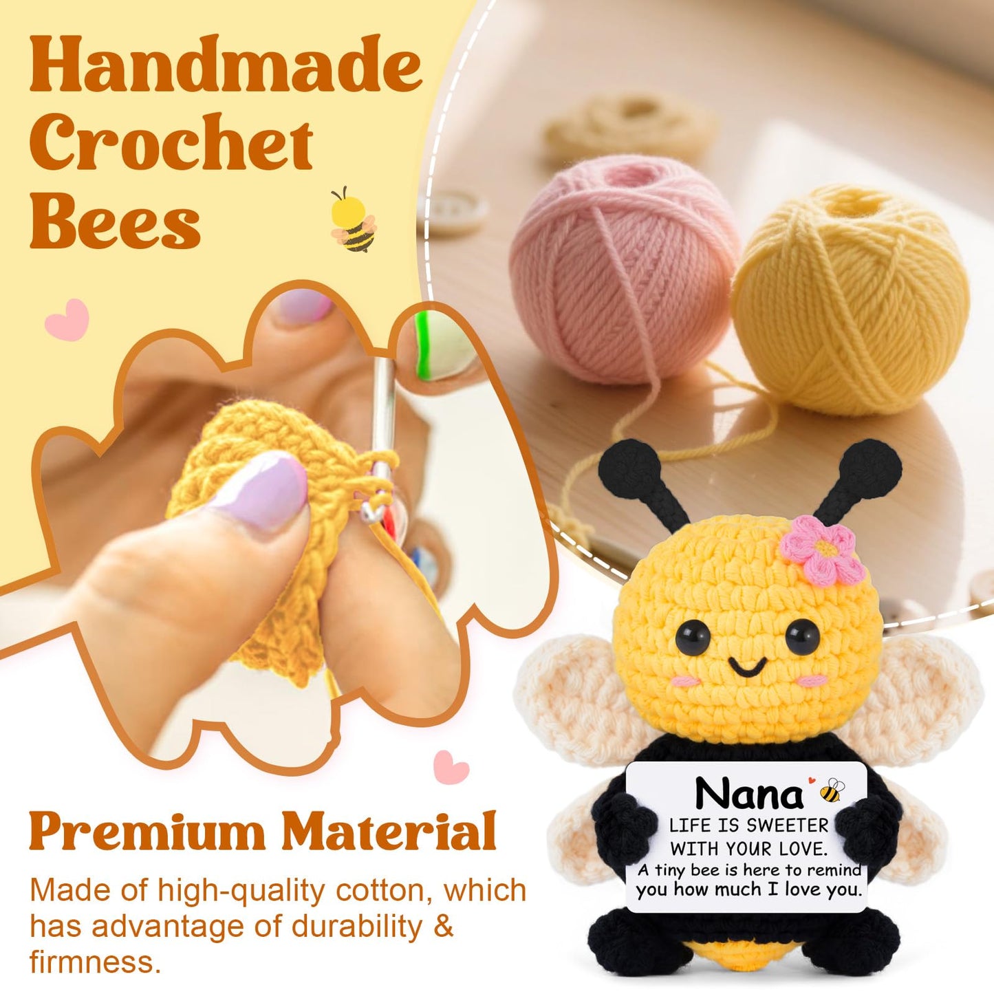 Nana Gifts from Granddaughter, Birthday Gifts for Nana - Cute Handmade Crochet Bee - Valentines Mothers Day for Grandma, Emotional Support Animal Gift