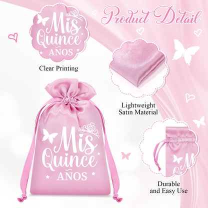 Sweetude 25 Pcs Quinceanera Party Gift Bags for Guests Sweet 15 Años Quinceañeras Silk Satin Gift Candy Bags with Drawstring for Mis Quince Birthday Decoration(Pink)
