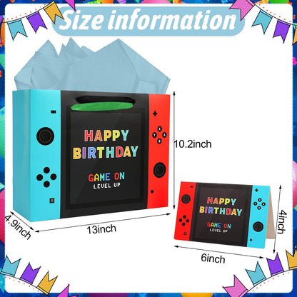 JOARHONAL Video Game Birthday Gift Bag - 13" Large Happy Birthday Gift Bag with Tissue Paper and Card for Boys Kids Video Game Birthday Party Supplies