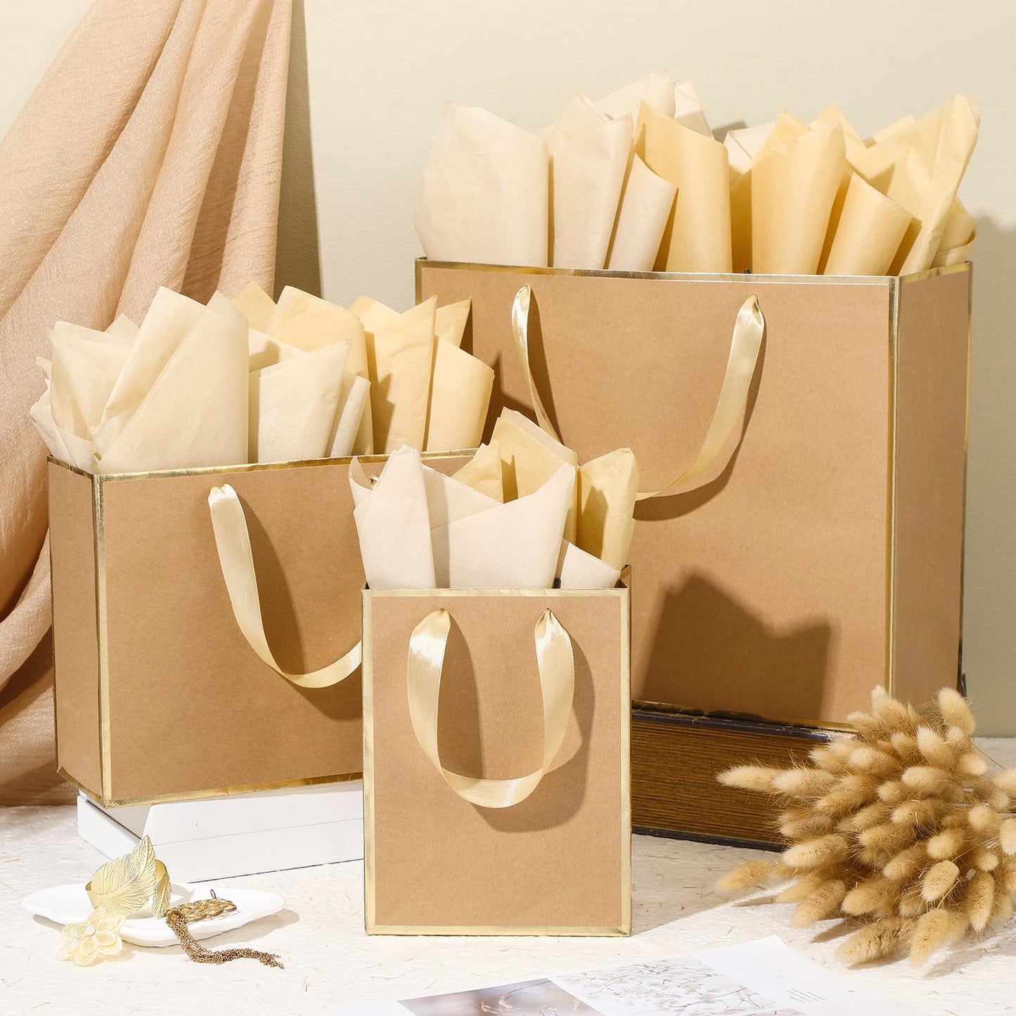 Yeaqee 12 Pcs Metallic Paper Gift Bag with Handle Tissue Paper Assorted Size Include 8" 10" 13" Thank You 5 Senses Gift Bag for Him Her Birthday Wedding Groomsmen Bridesmaid(Kraft,Gold)