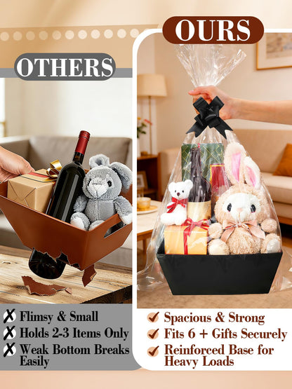 Beeplove 6 Sets Large Thick Kraft Baskets for Gifts Empty - Gift Baskets Empty Kit with Cellophane Wrap and Pull Bows for Wedding Birthday Bridesmaid Baby Shower, Black