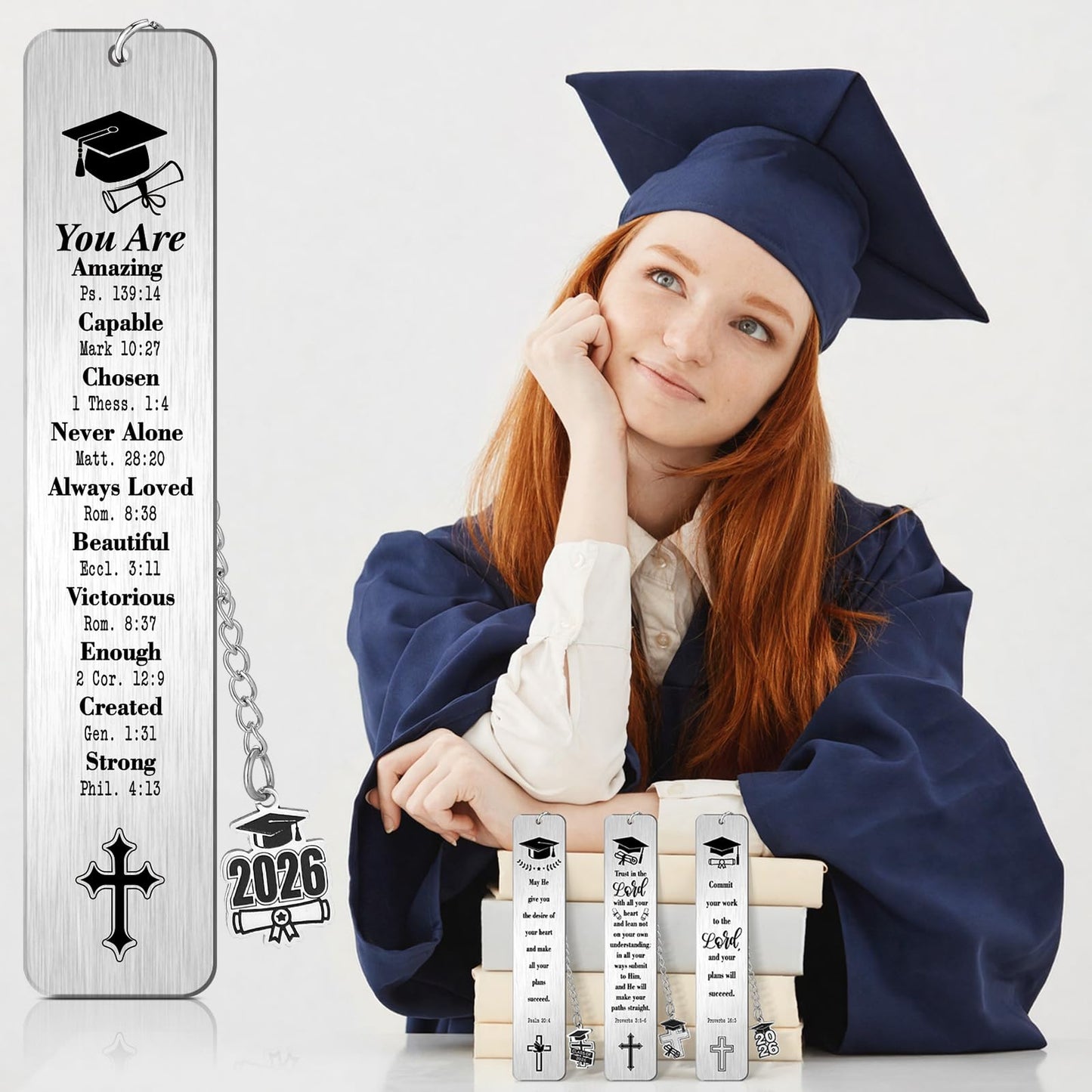 12 Pcs Metal Bible Verse Bookmark Christian Graduation Gifts Inspirational Cross Chain Religious Graduation Gift Class of 2026 for Graduates College High Middle School Student Grad Him Her