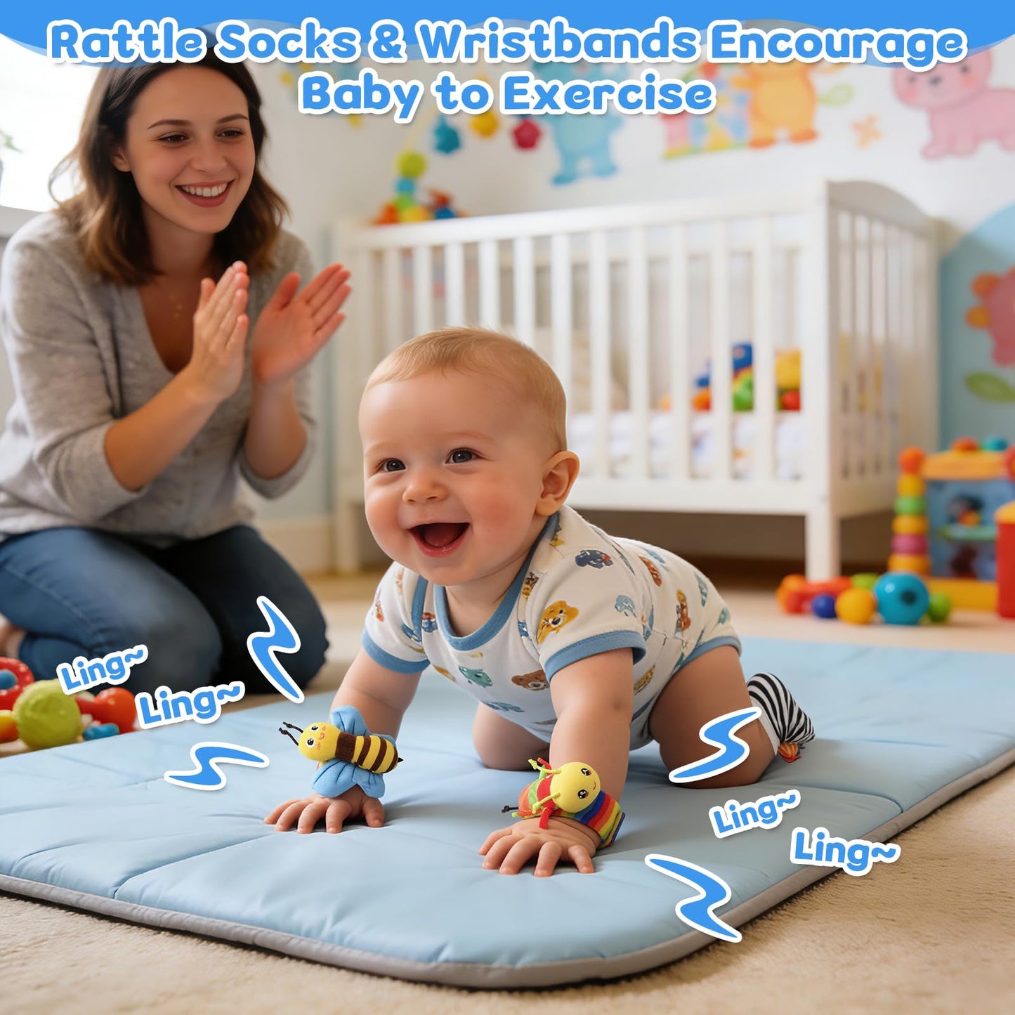 Baby Sensory Toys 0-6 Months, Socks and Foot Finder Set with Sounds for Babies 6-12 Months, Wrist Rattles for Babies 0-12 Months, Newborn Essentials Toy, Toddler Baby Boy Girl Shower Gifts