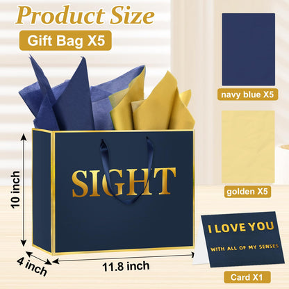 5 Senses Gift Bags for Him Her with Labels, Handles & Tissue Paper - Gold Foil Five Senses Gift Bags Party Decor for Birthday, Wedding, Anniversary,Christmas, Valentine's Day (Navy Blue, 11.8x 10x 4 inch)