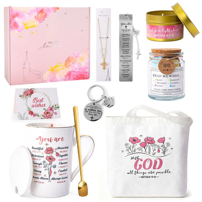 Christian Gifts for Women Religious Catholic Inspirational Gifts for Women Birthday 9PCS Baptism Spiritual Faith Gift Set Include Bible Verse Jar Christian Bookmark Keychain Tote Bag Necklace Mugs