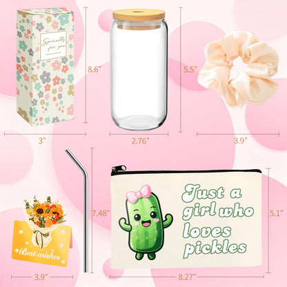 Pickle Gifts for Women, Funny Pickle Lover Gift Set with 16oz Glass Tumbler, Bracelets, Pouch Bag, Scrunchie, Box for Pickles Themed Party, Birthday Mothers Day Gift Idea(Pickles)