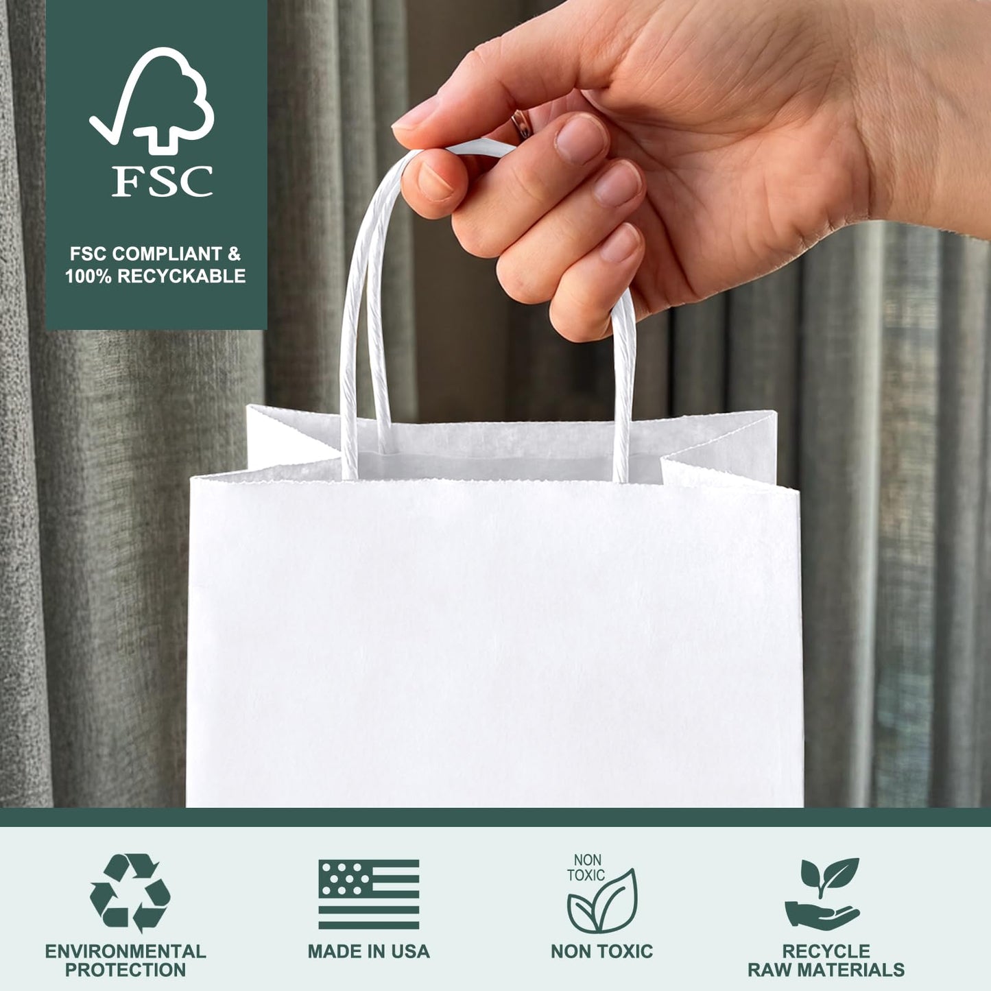 METRONIC White Paper Bags 8X4.25X10.5 20Pcs, Gift Wrap Bags with Handles, Kraft Paper Bag for Small Business, Heavy Duty Bulk Bag for Birthday Party Favors, Shopping,Take-out,Retail