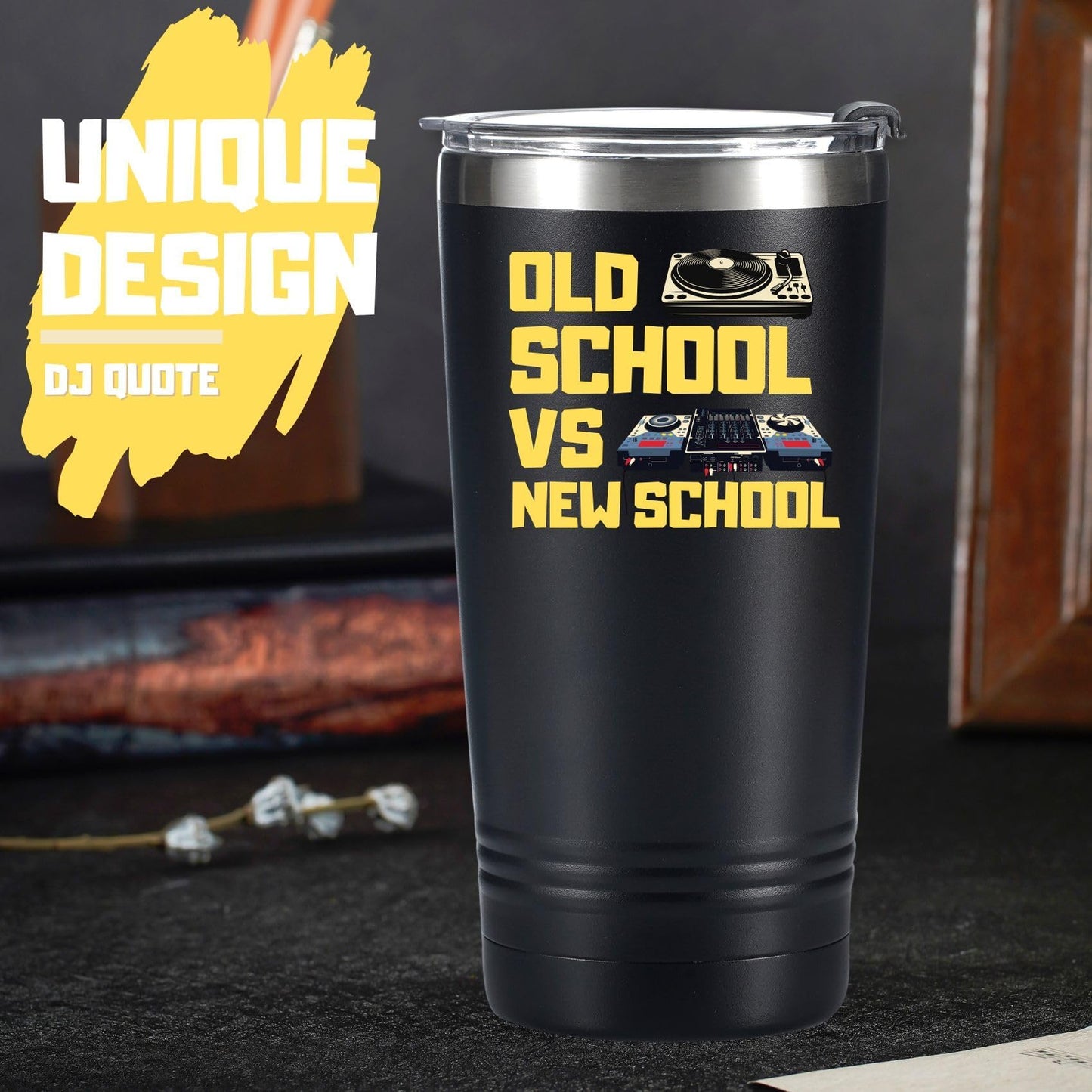 Onebttl DJ Gifts for Men, Women, Disc Jockey Gifts, DJ Tumbler, Old School New School, Gifts for Disco Lovers, Bar Lovers, Stainless Steel Tumbler 20OZ - Black, Manual