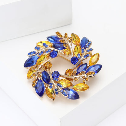 Fashionable Rhinestone Wreath Brooch for Women Ukrainian Blue and Yellow Wheat Ear Brooch Dress Suit Pin Accessories Party Banquet Gift
