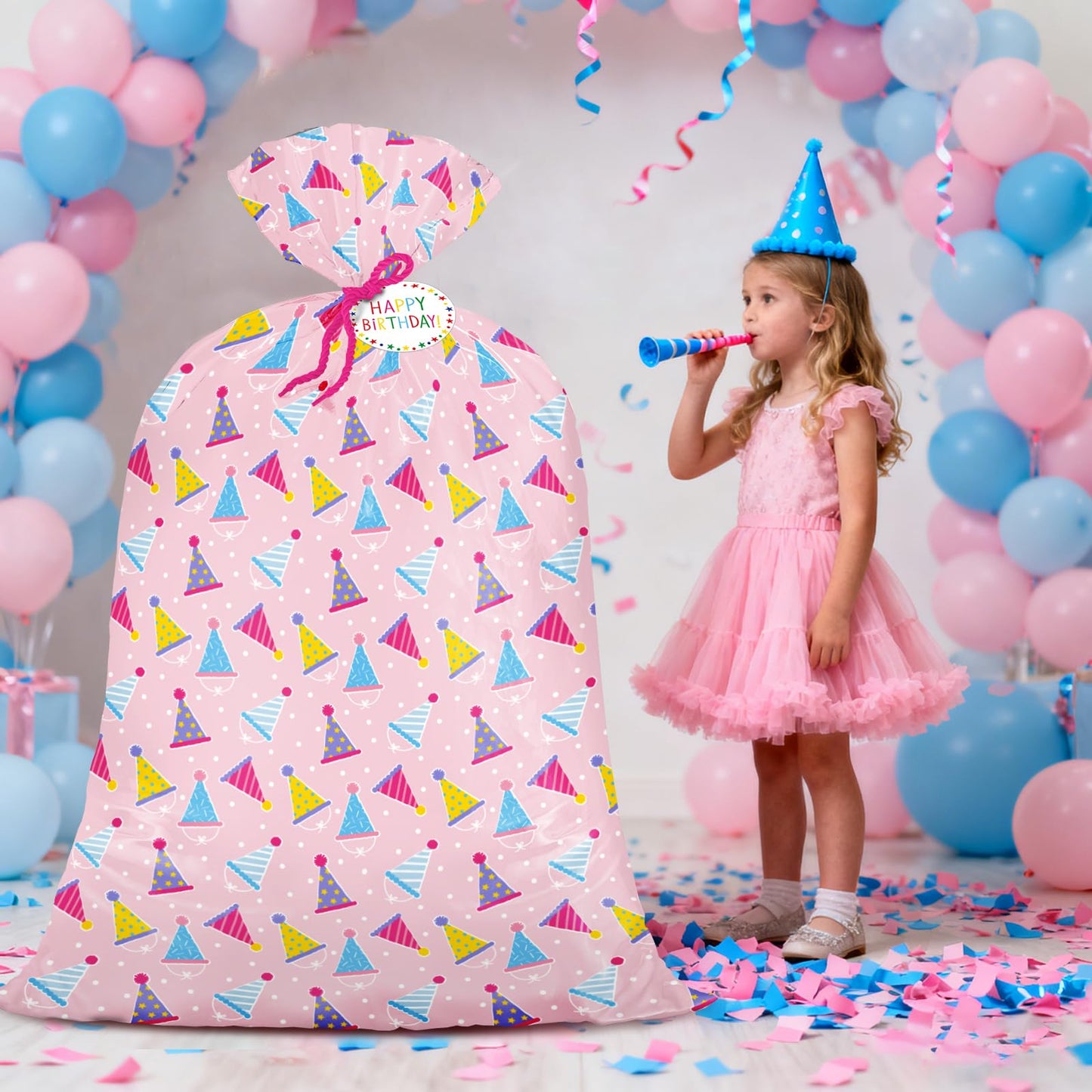 WRAPAHOLIC 56" Extra Large Birthday Plastic Gift Bag - Pink Party Hat Jumbo Bike Bag Gift Wrap for Women Girls Birthday, Baby Shower, Wedding, Bridal Shower - 56" H x 36" W