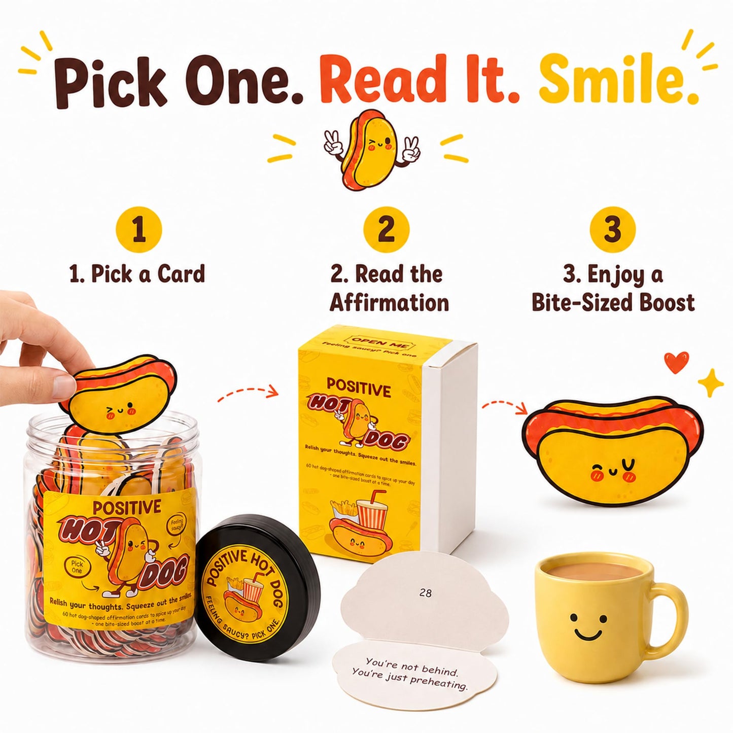 KATINAT Positive Hot Dog Jar, 60 Funny Affirmation Cards, Emotional Support Hot Dogs, Foodie Gifts for Friends, Teens, Funny Gifts for Women, Cowokers, Office, Hot Dog Decorations